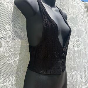 Free People Black Knit Button-Down Top